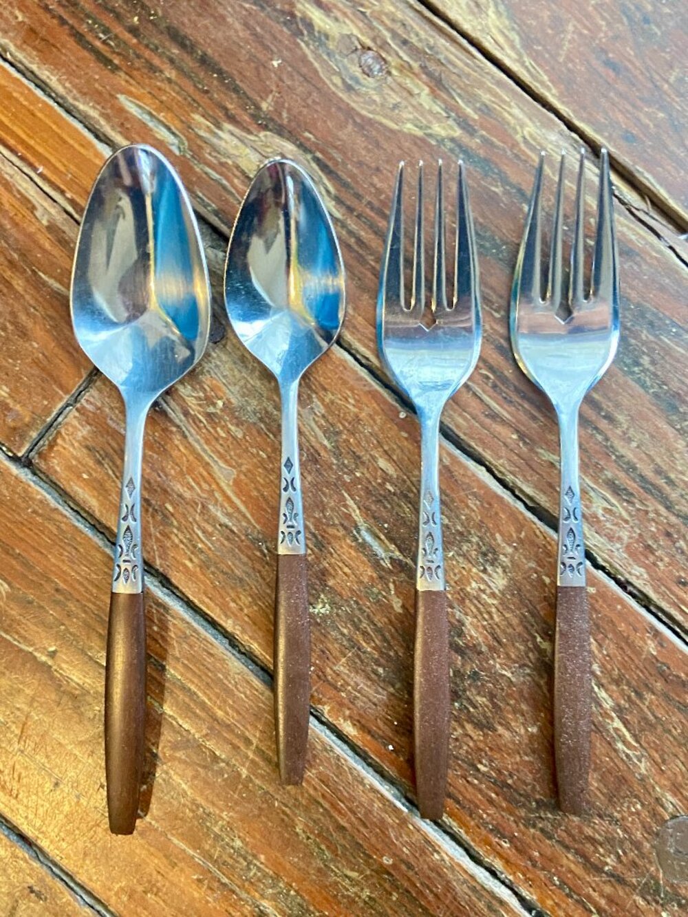 Vintage 4 Pieces Grand Prix Dior Muffin Stainless Wood Forks Spoons Japan MCM